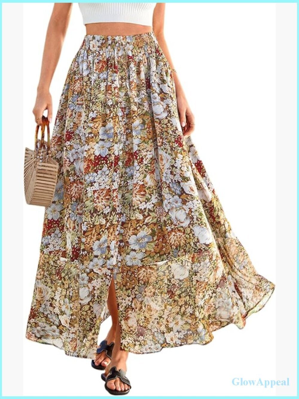 Floral Maxi Skirt A-Line High Waisted Boho Long Skirt with Pockets